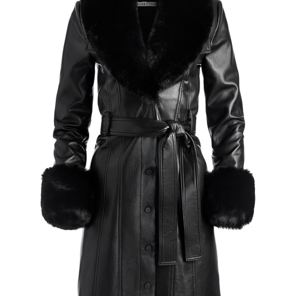 Alice + Olivia Black Leather Jacket with Fur Trim